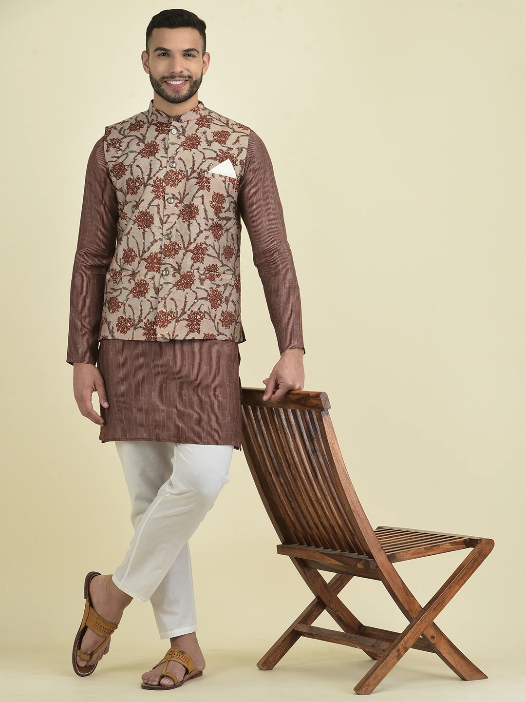 Deyann Pure Cotton Printed Nehru Jacket With Kurta Pyjama Set For Men