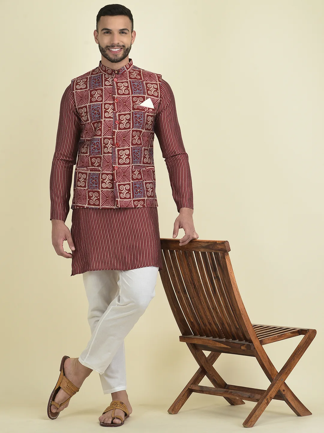 Deyann Pure Cotton Printed Nehru Jacket With Kurta Pyjama Set For Men