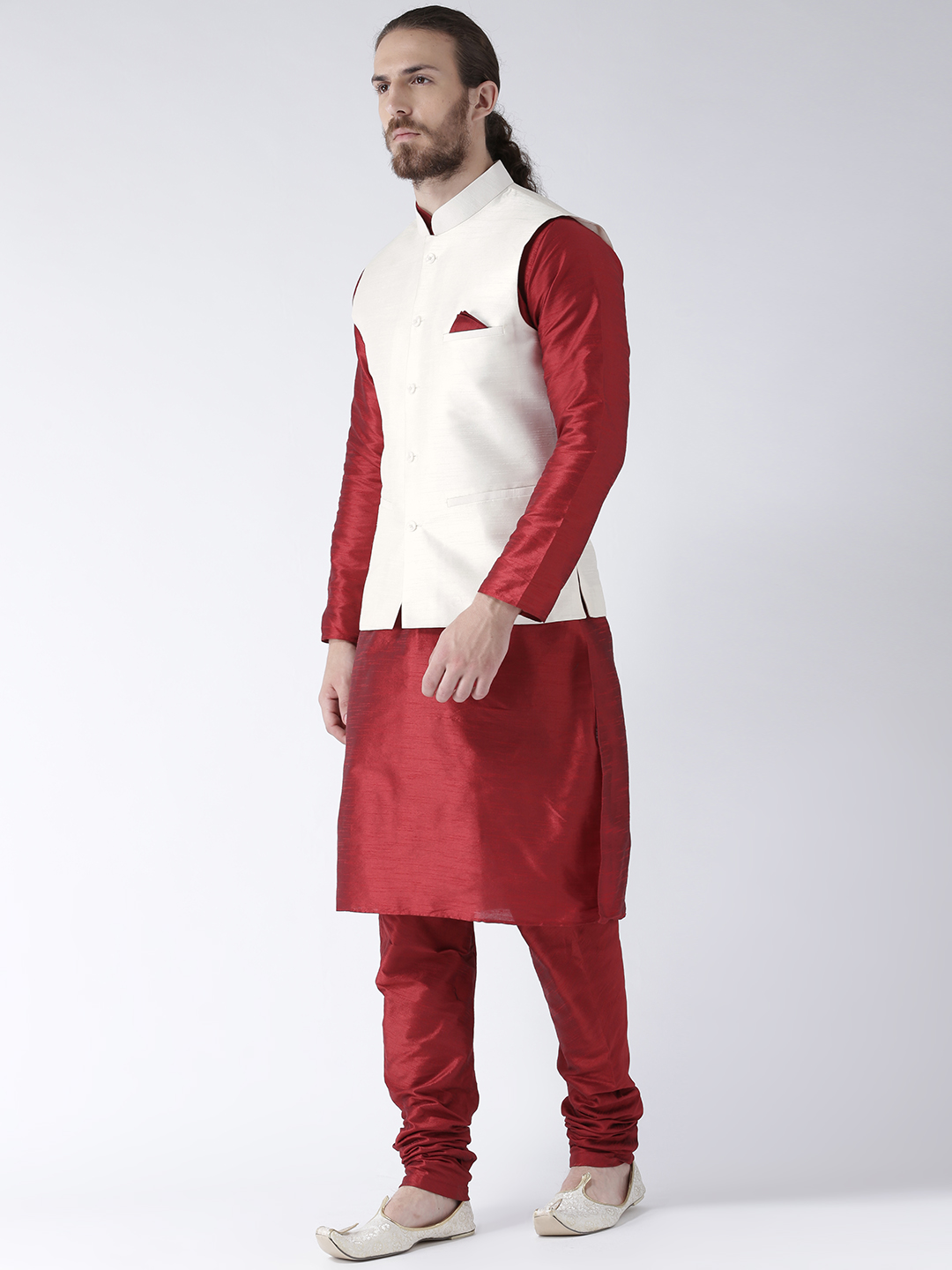 Foil Printed Art Silk Jacquard Nehru Jacket in Red : MDW194
