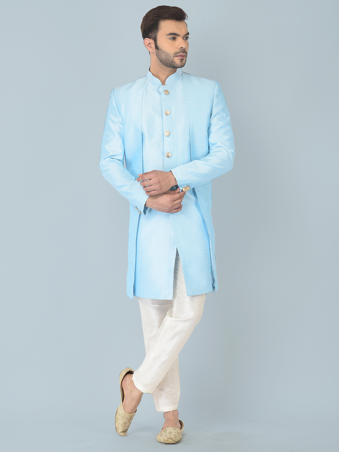 Men's Banglore Art Silk Sherwani in Navy Blue | Sherwani, Trouser bottoms,  Silk bottoms