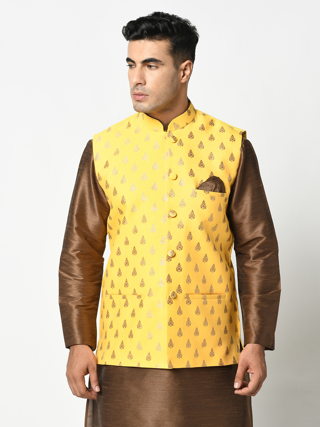 DEYANN Jacquard Silk Woven Design Nehru Jacket For Men - Deyann