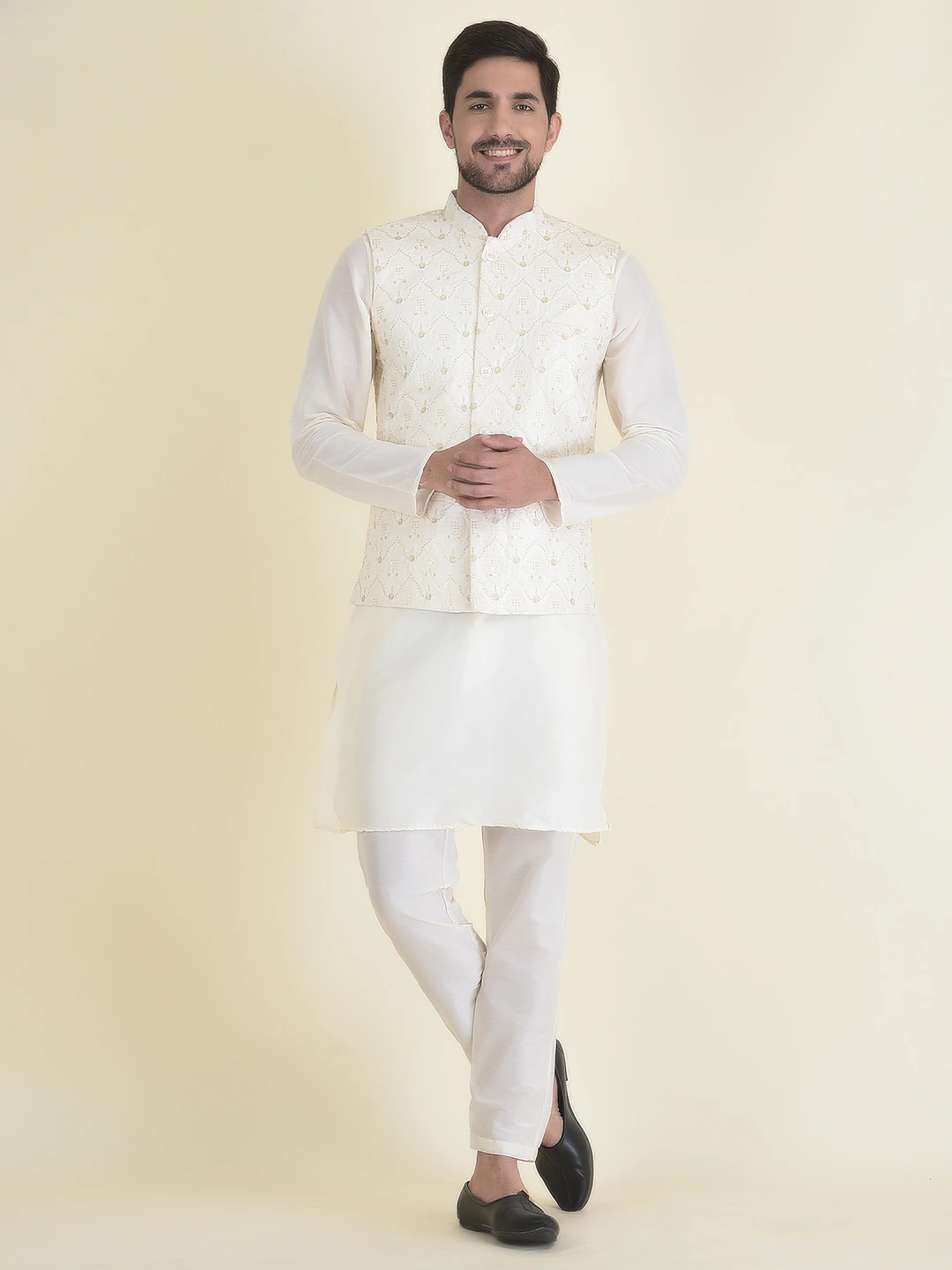 White Kurta Pajama With Cream Woven Nehru Jacket 823MW03