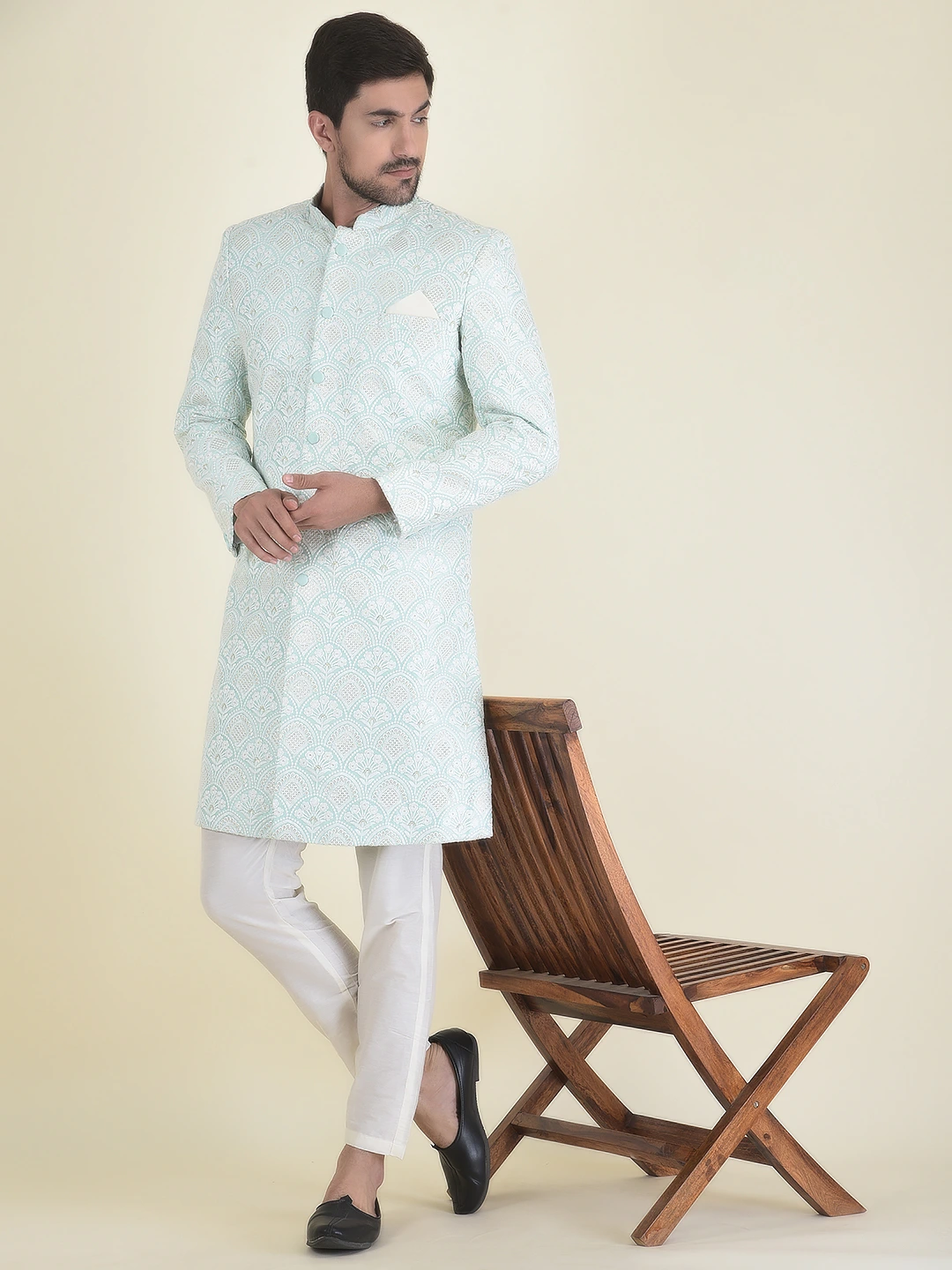 Offwhite embroidered Sherwani with offwhite trouser and peach pocket square  - MAPXENCARS