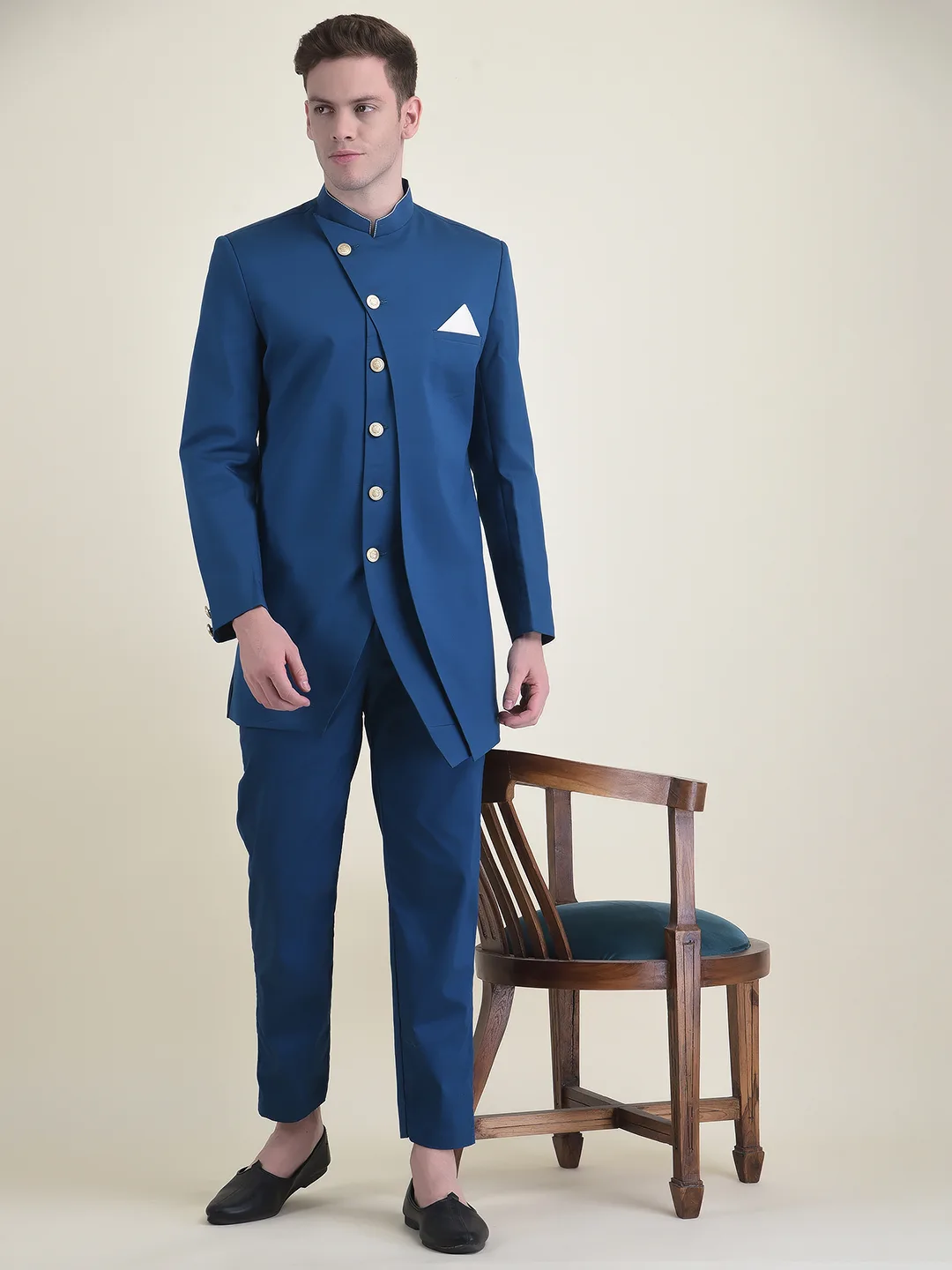 Buy KISAH Men Navy Blue Kurta Sherwani Trouser Set (Set of 3) online